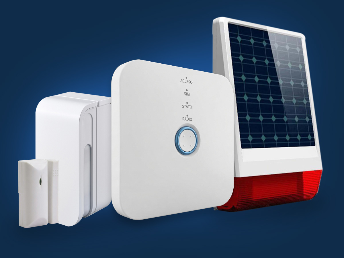 Componenti del kit: sensori, centrale e sirena solare